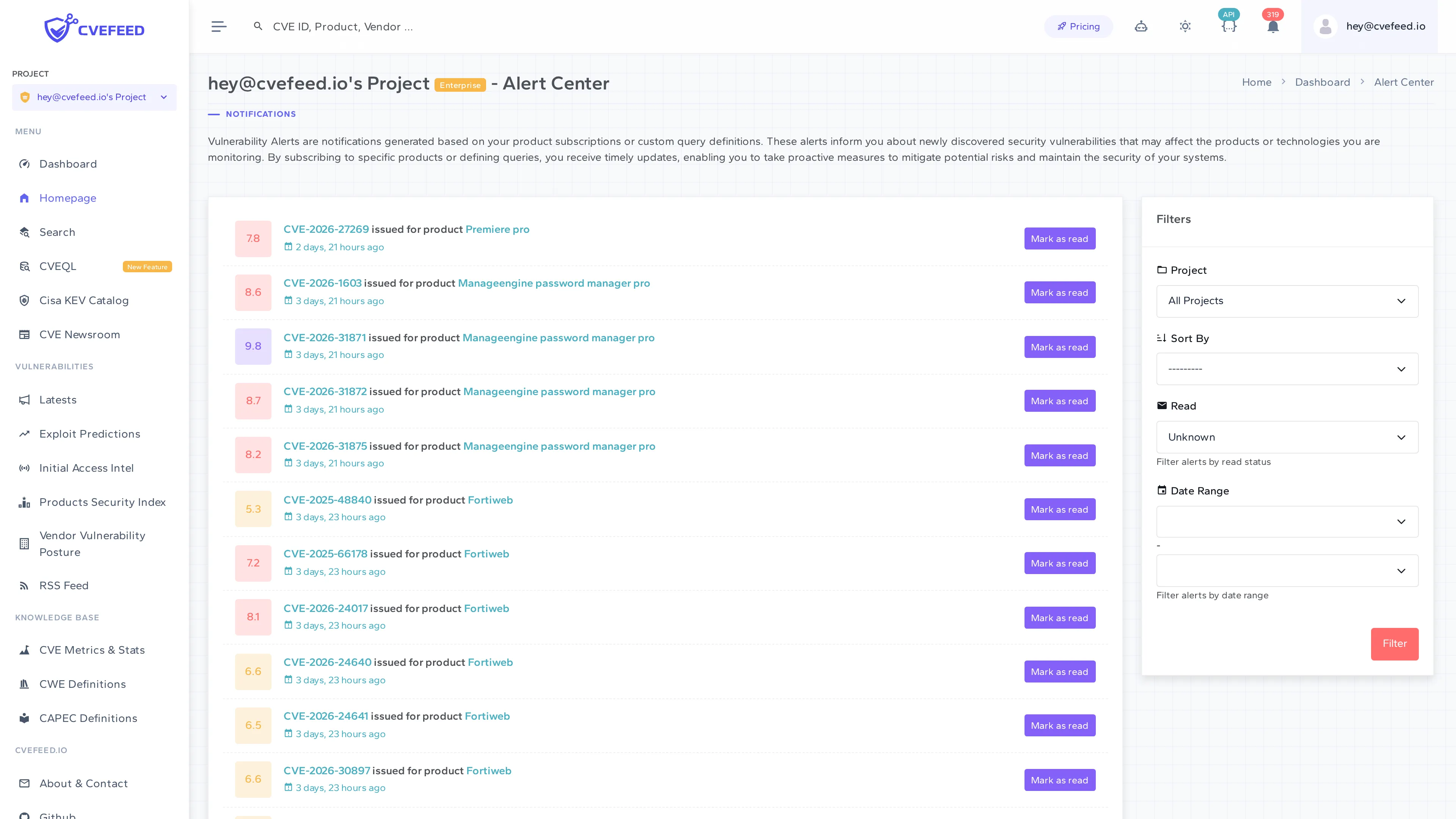 Alert Center showing vulnerability alerts with CVE IDs, affected products, and severity levels