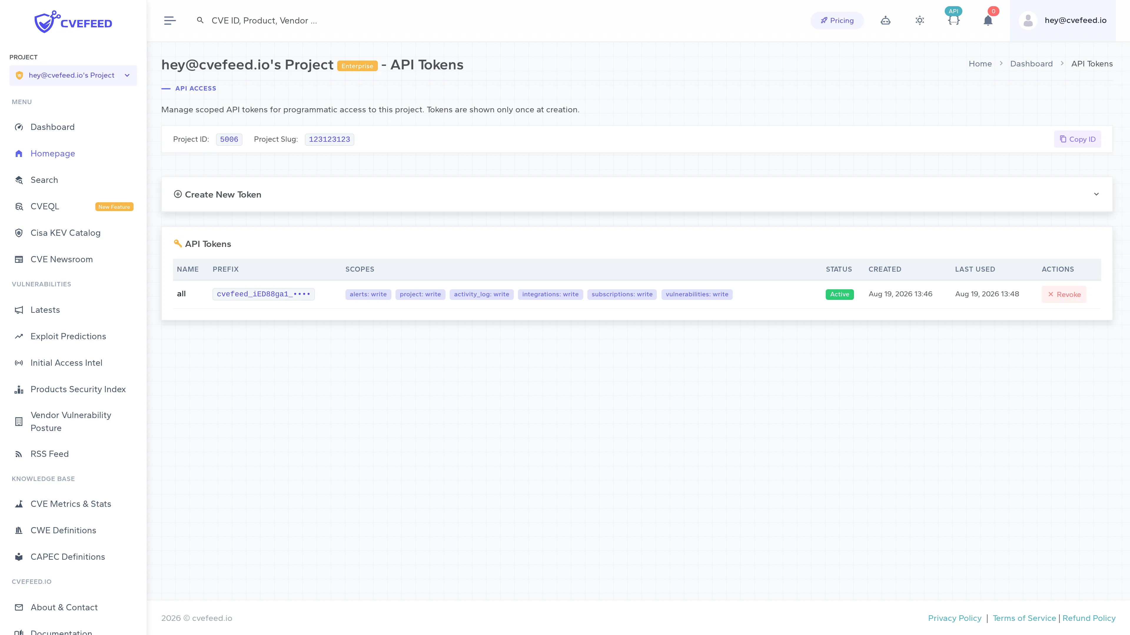 API Tokens page showing a token with its masked prefix, scope badges, Active status, and created and last-used timestamps, below the collapsed Create New Token panel