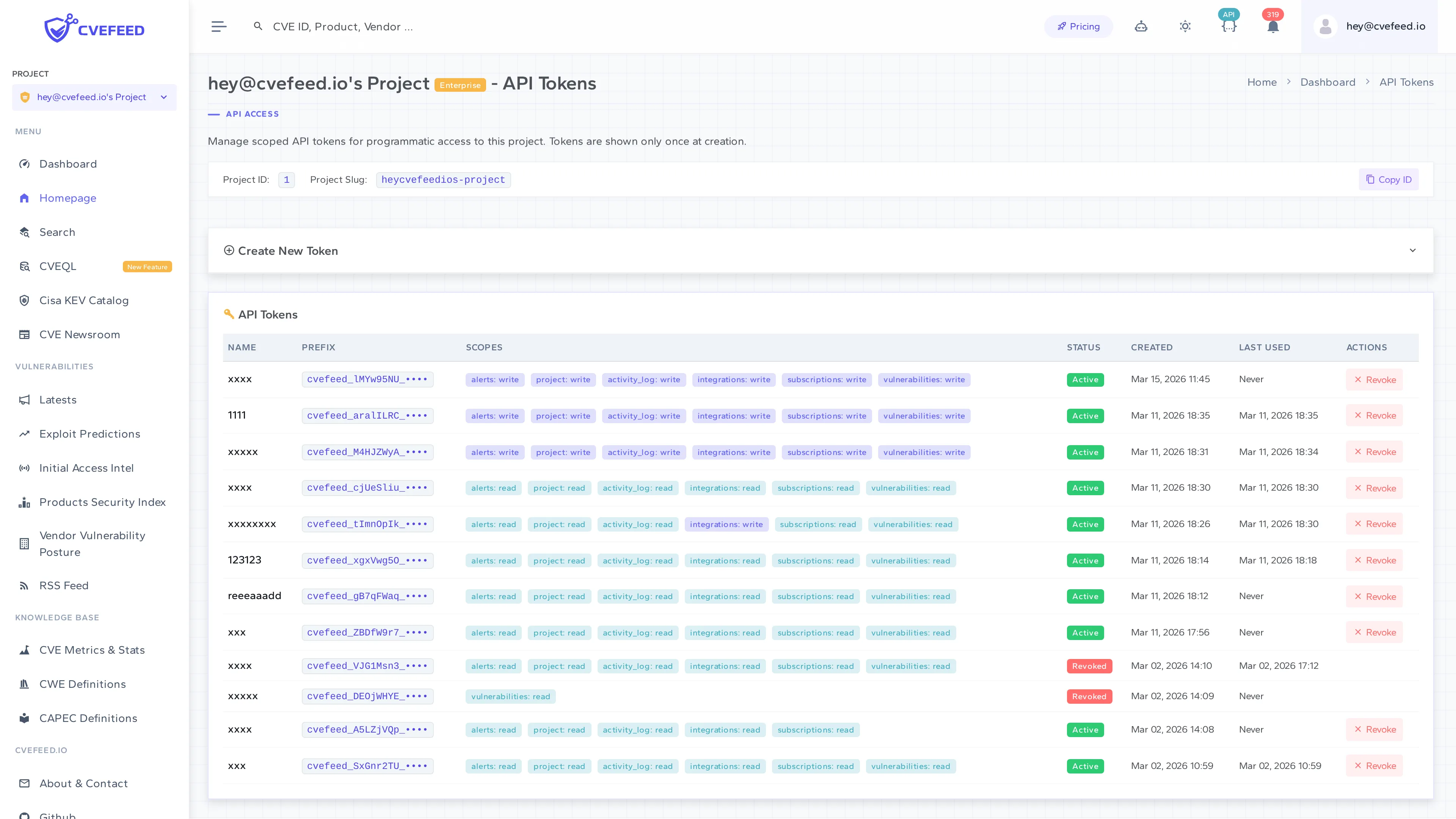 API Tokens page showing token list with names, prefixes, scopes, status badges, and usage tracking
