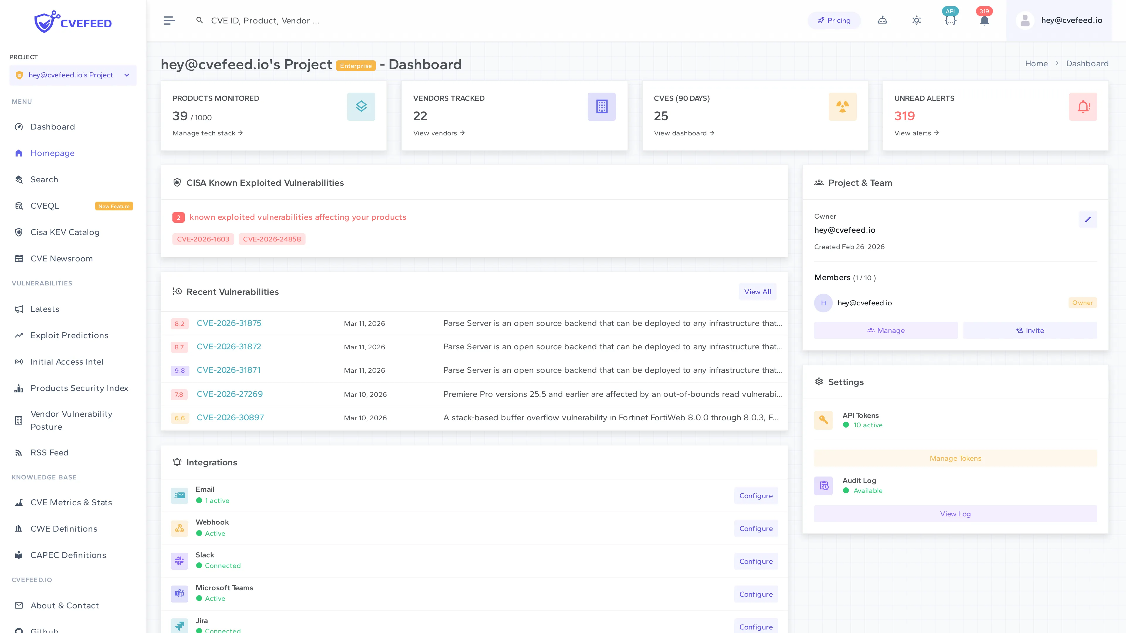 Project dashboard showing vulnerability counts, recent CVEs, team members, and integrations