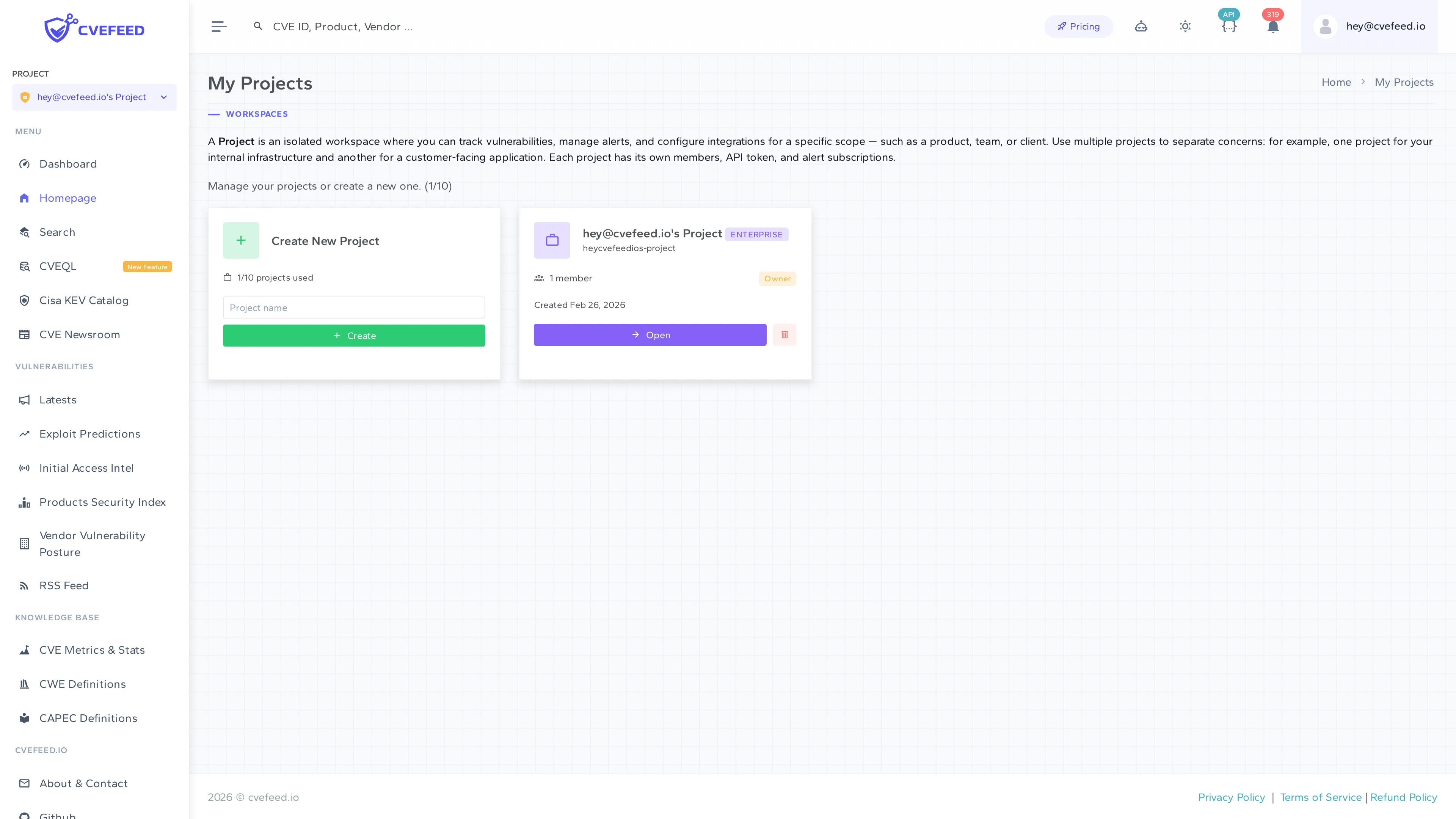 My Projects page showing project cards with member count, role badge, and create form