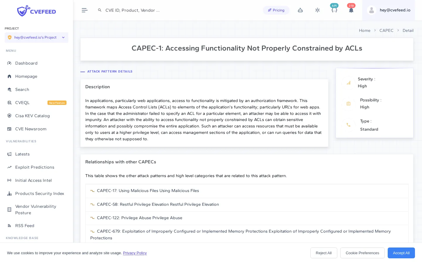 CAPEC detail page showing attack pattern description, severity sidebar, related CAPECs, and linked CWEs