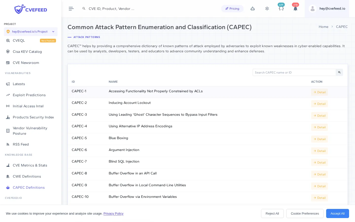 CAPEC index page showing a searchable table of attack patterns with ID, name, and detail links