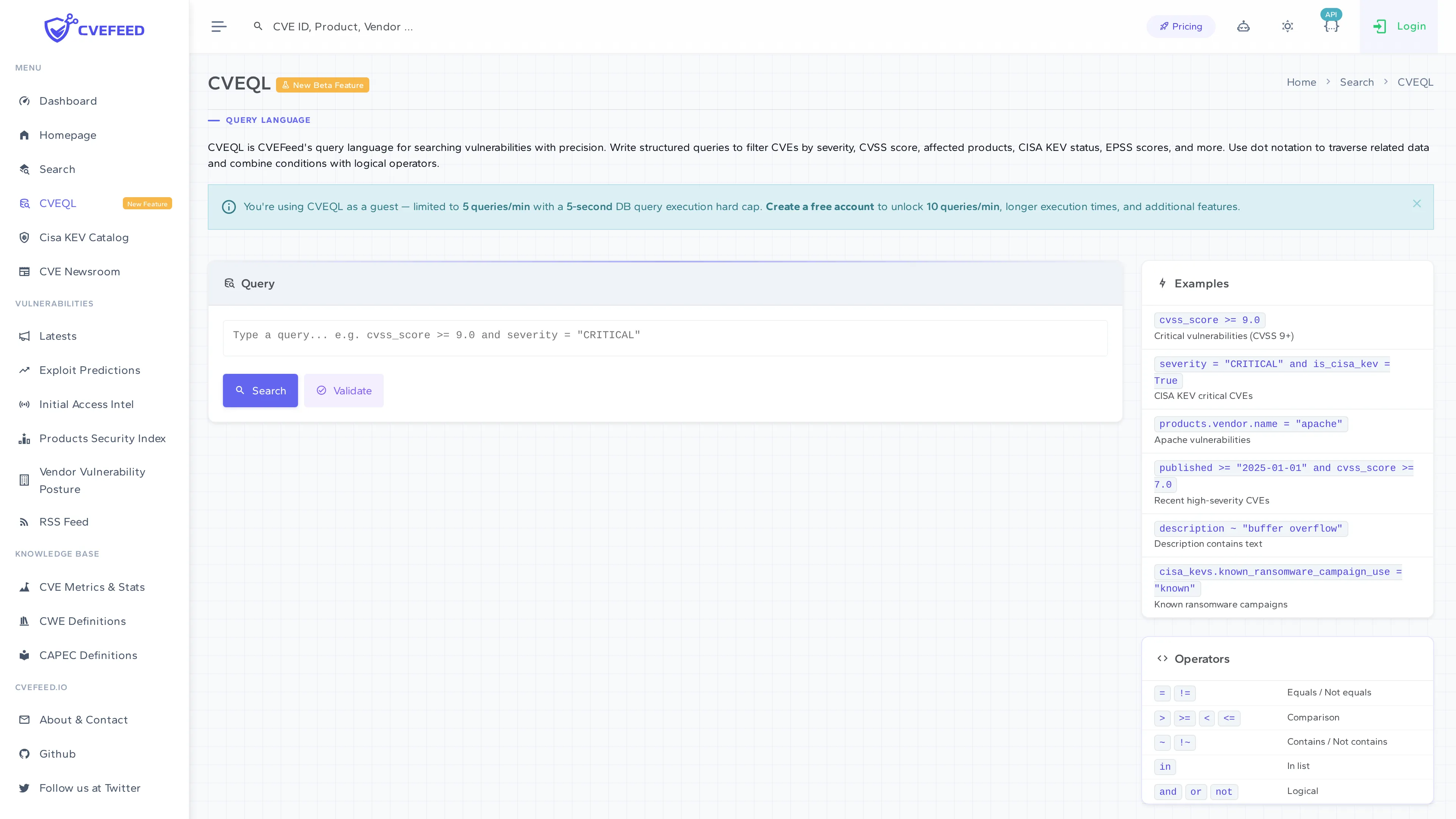 CVEQL query editor with example queries, operator reference, and search/validate buttons