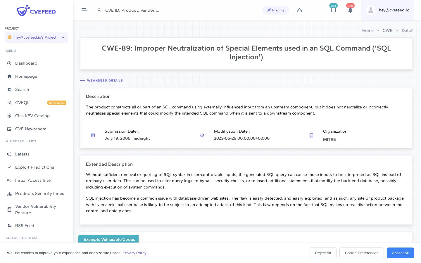 CWE detail page showing the extended description, example vulnerable code section, and related weaknesses
