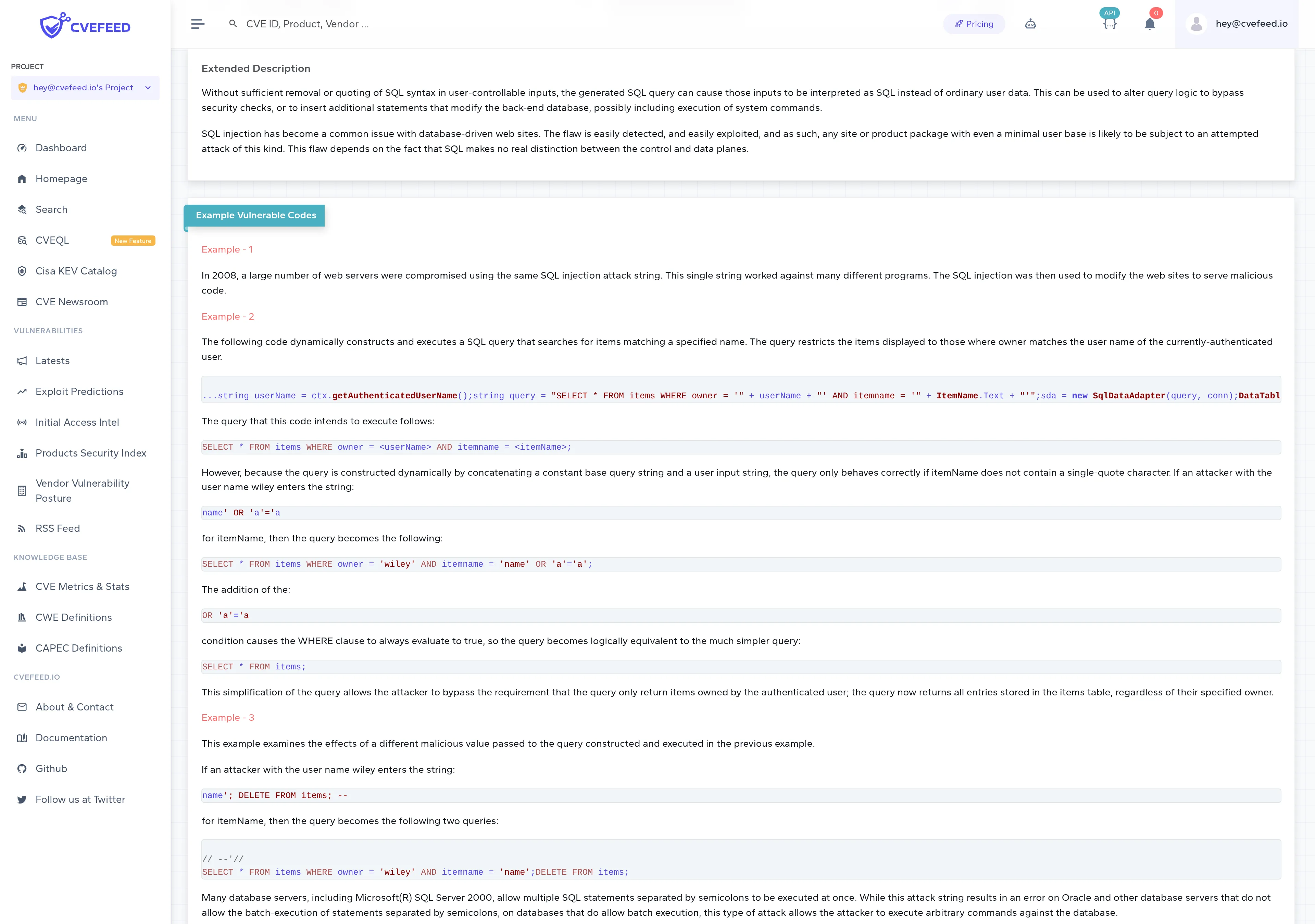 CWE detail page showing the Extended Description of the SQL injection weakness followed by the Example Vulnerable Codes section, with numbered examples and syntax-highlighted snippets