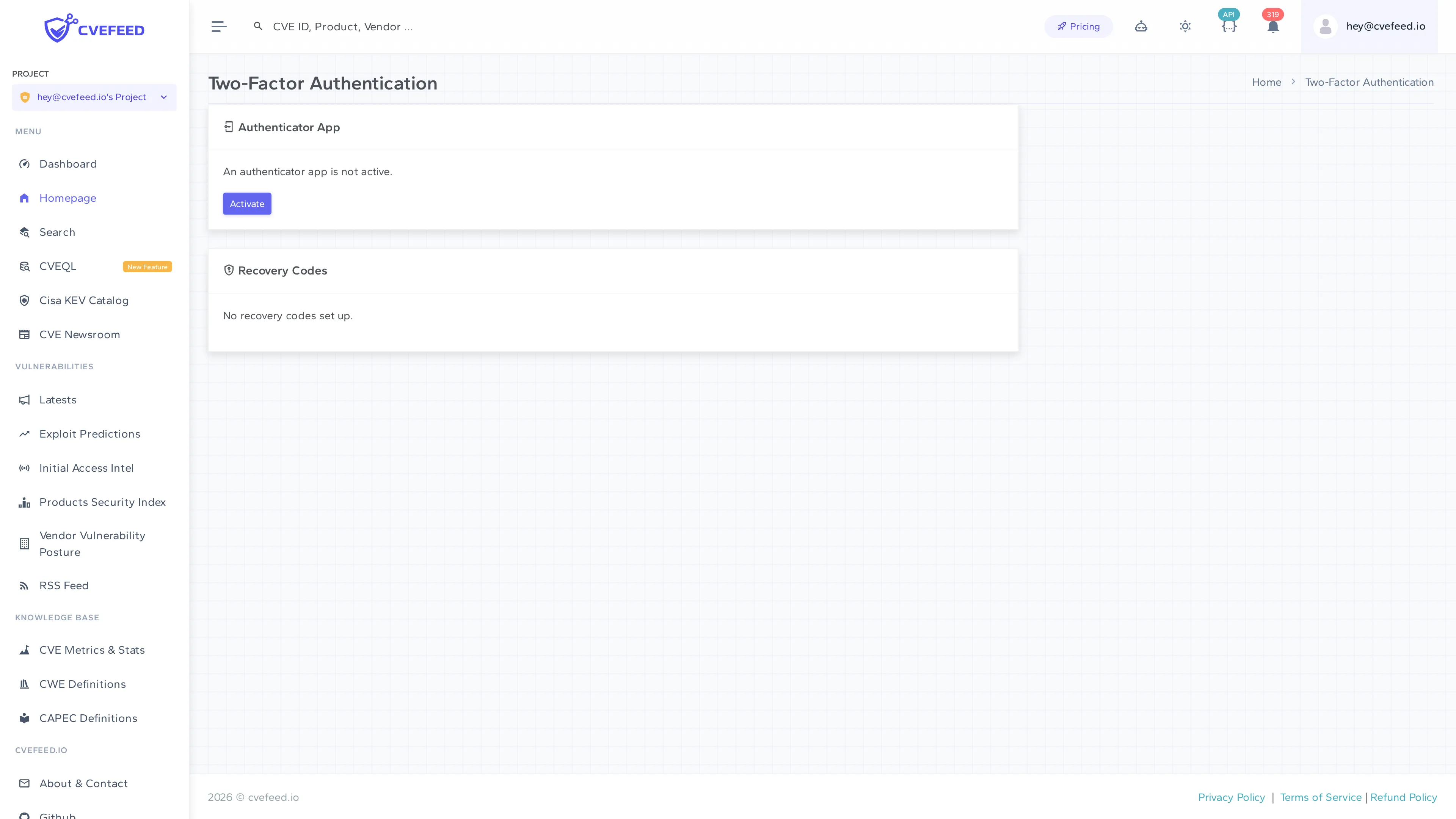 Two-Factor Authentication setup page showing Authenticator App activation and Recovery Codes sections