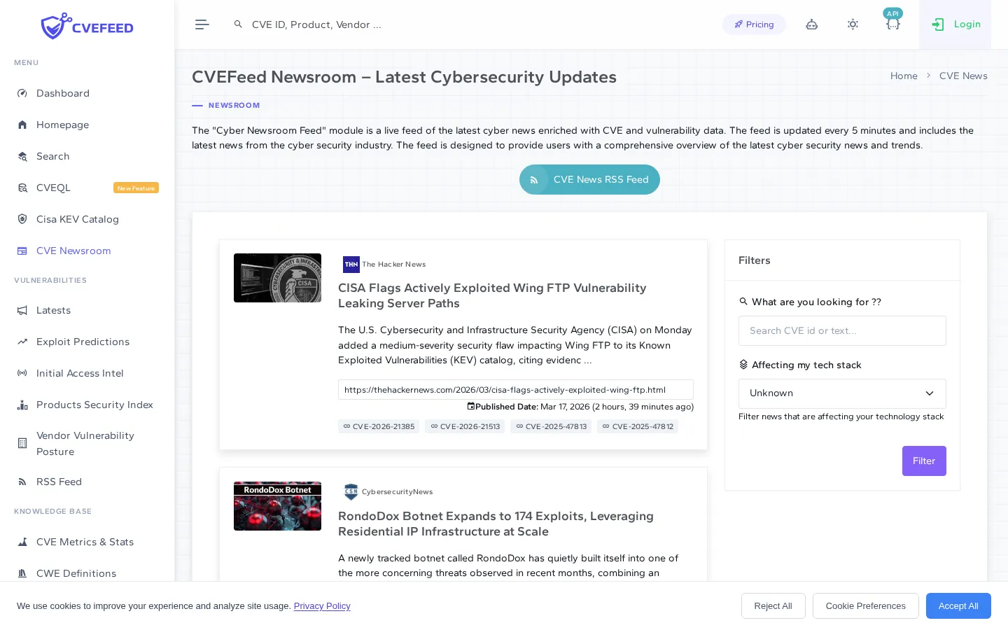 CVE Newsroom showing latest cybersecurity articles with CVE references, source badges, and filtering options