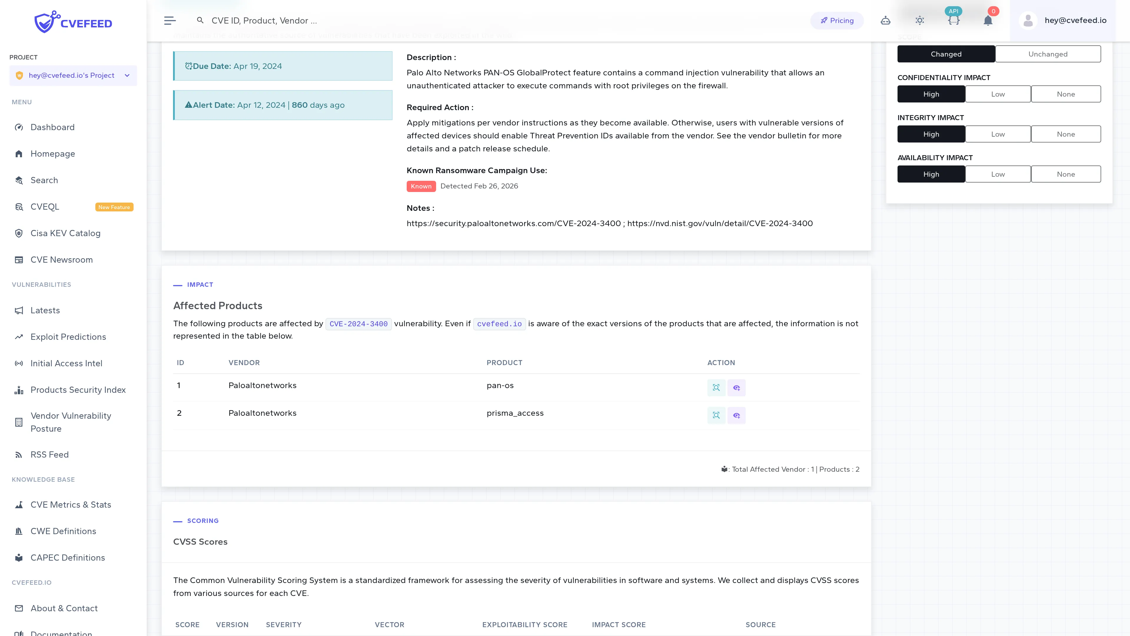 Affected Products table on the CVE-2024-3400 detail page, each product row ending in two icon buttons: a magnify icon linking to the product page and an add-to-Tech-Stack button
