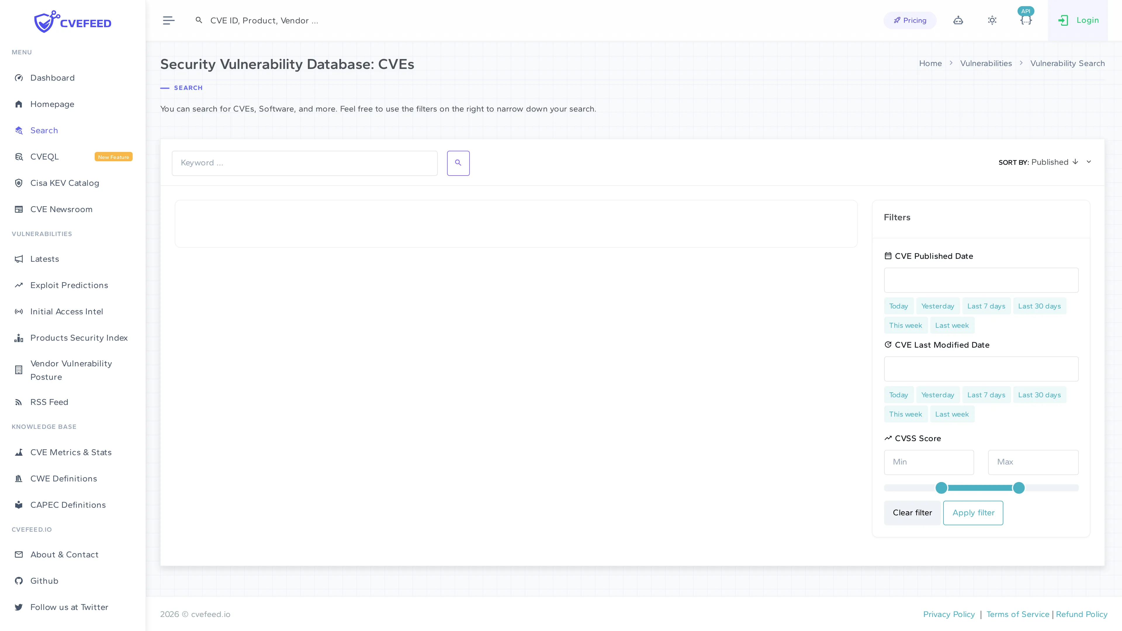 Vulnerability search page with keyword search bar and filter sidebar for dates, CVSS score range