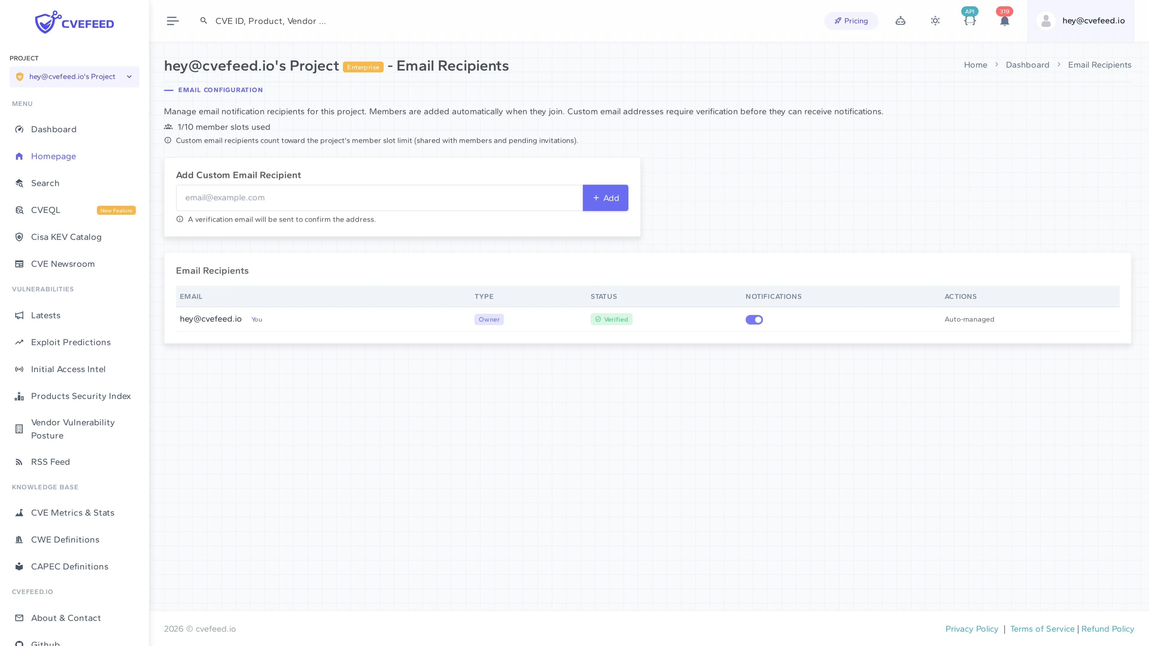 Email Recipients page showing recipient table with type badges, verification status, notification toggles, and add form