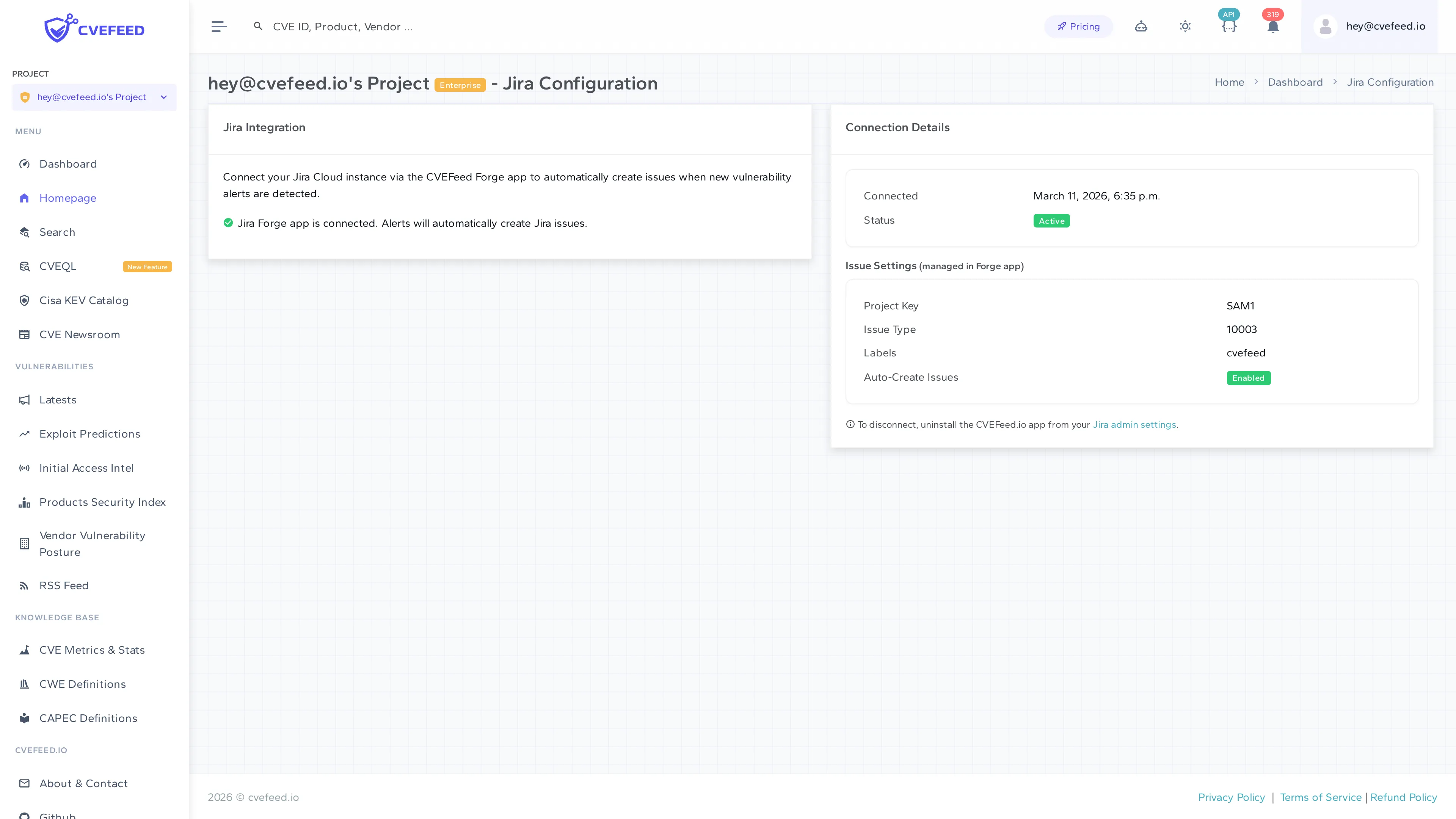 Jira Configuration page showing connected status, project key, issue type, labels, and auto-create toggle