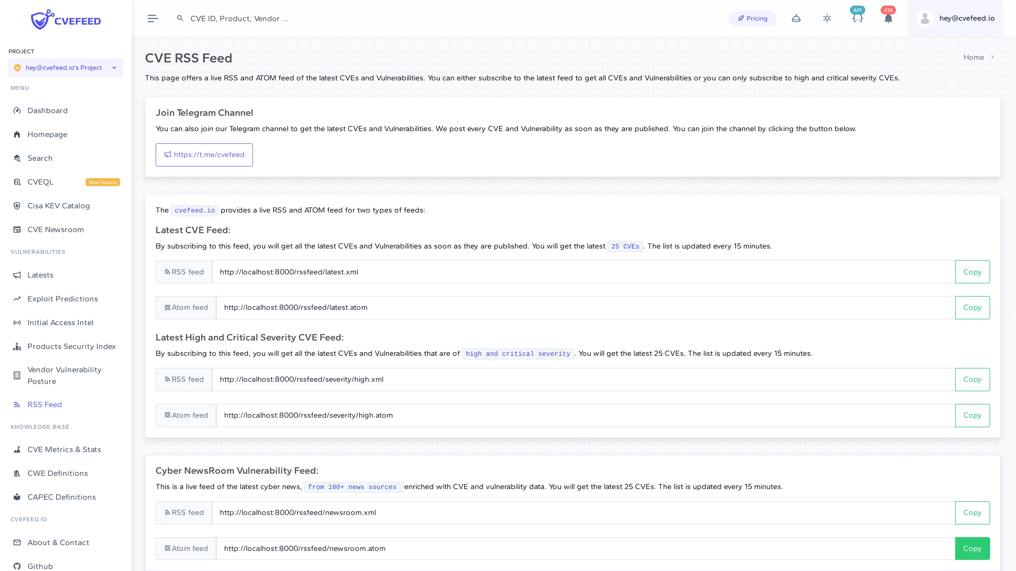 RSS Feed page showing available feeds with RSS and Atom URLs and copy buttons
