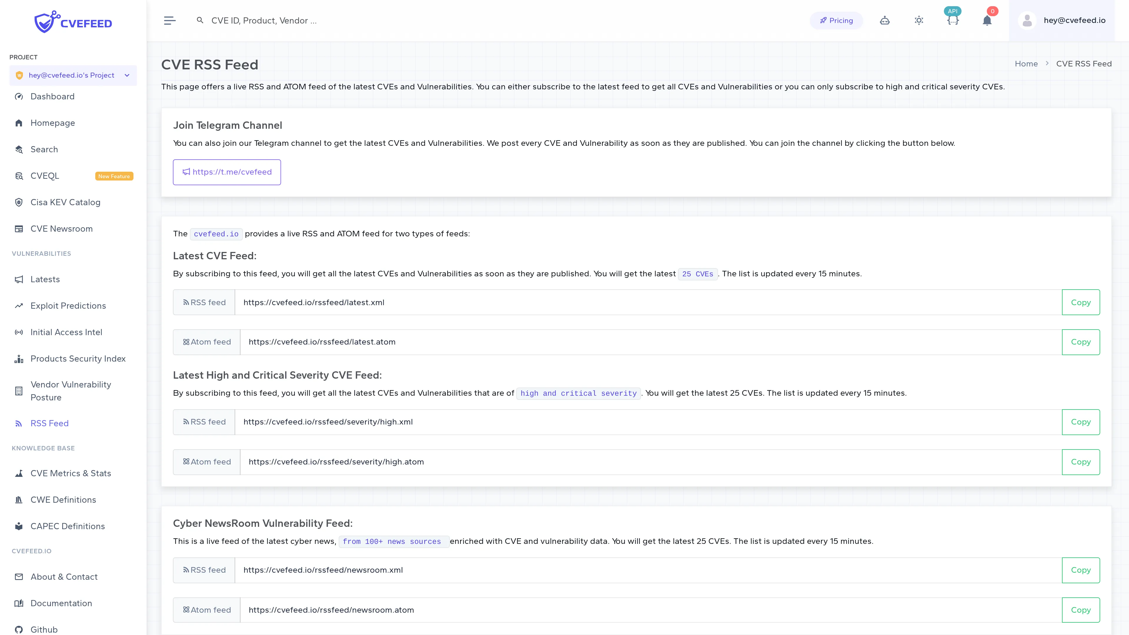 CVE RSS Feed page listing the Latest CVE, High and Critical Severity, and Cyber NewsRoom feeds, each with an RSS and an Atom cvefeed.io URL and a Copy button