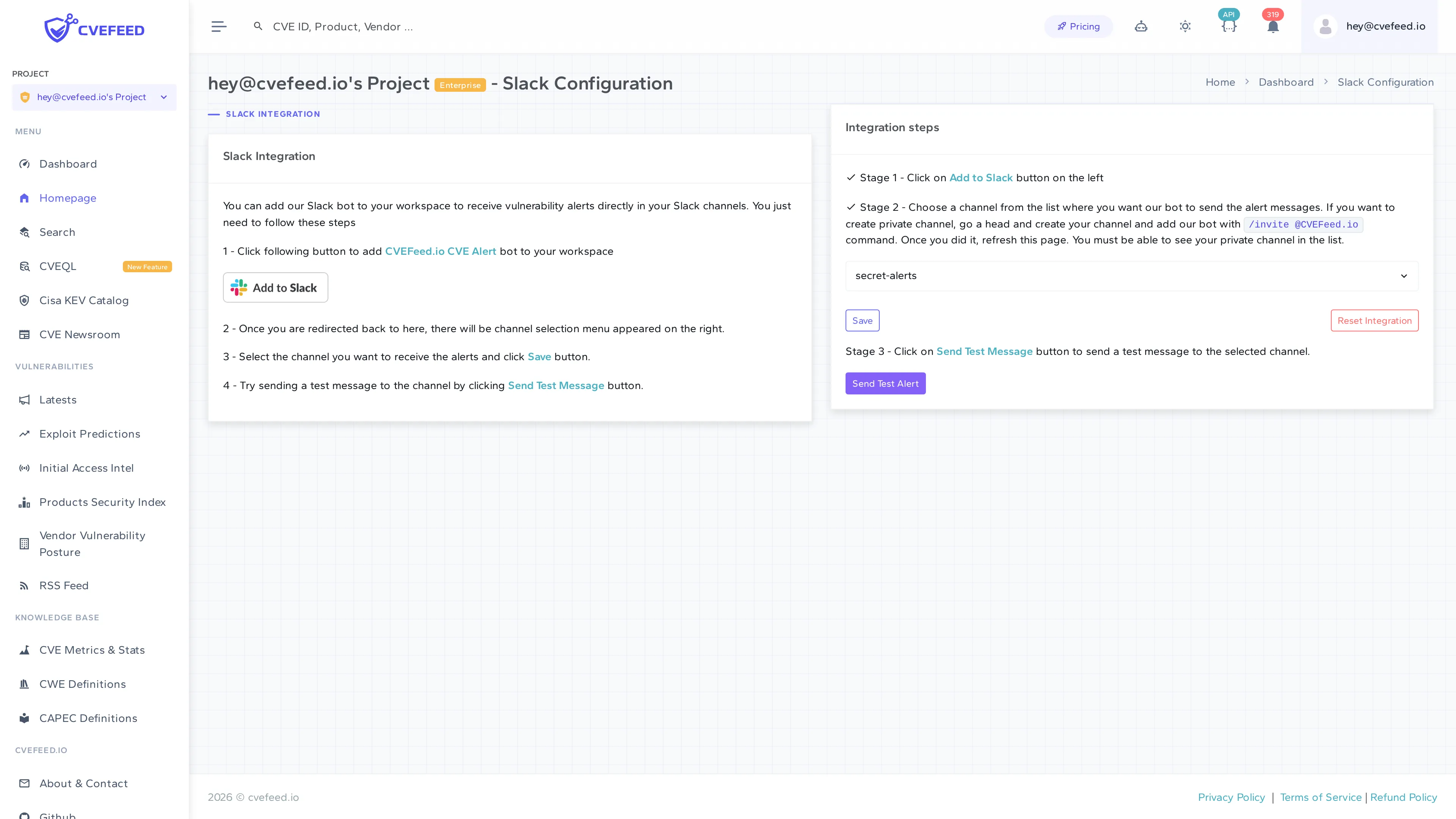 Slack Configuration page showing Add to Slack button, channel selection dropdown, and Send Test Alert button