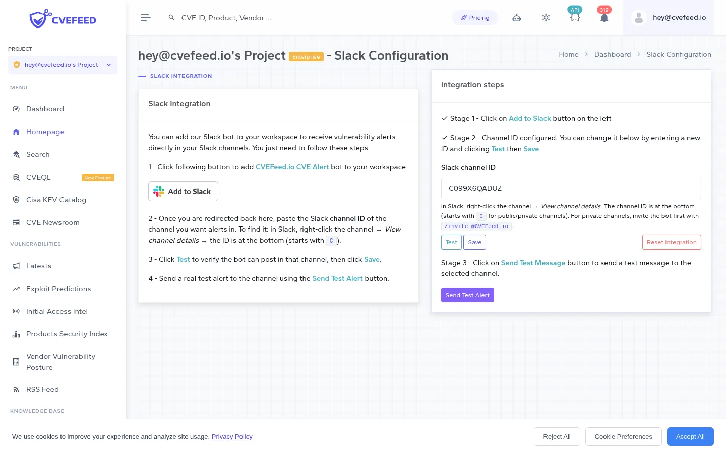Slack Configuration page showing Add to Slack button, channel ID input with Test and Save buttons, and Send Test Alert button