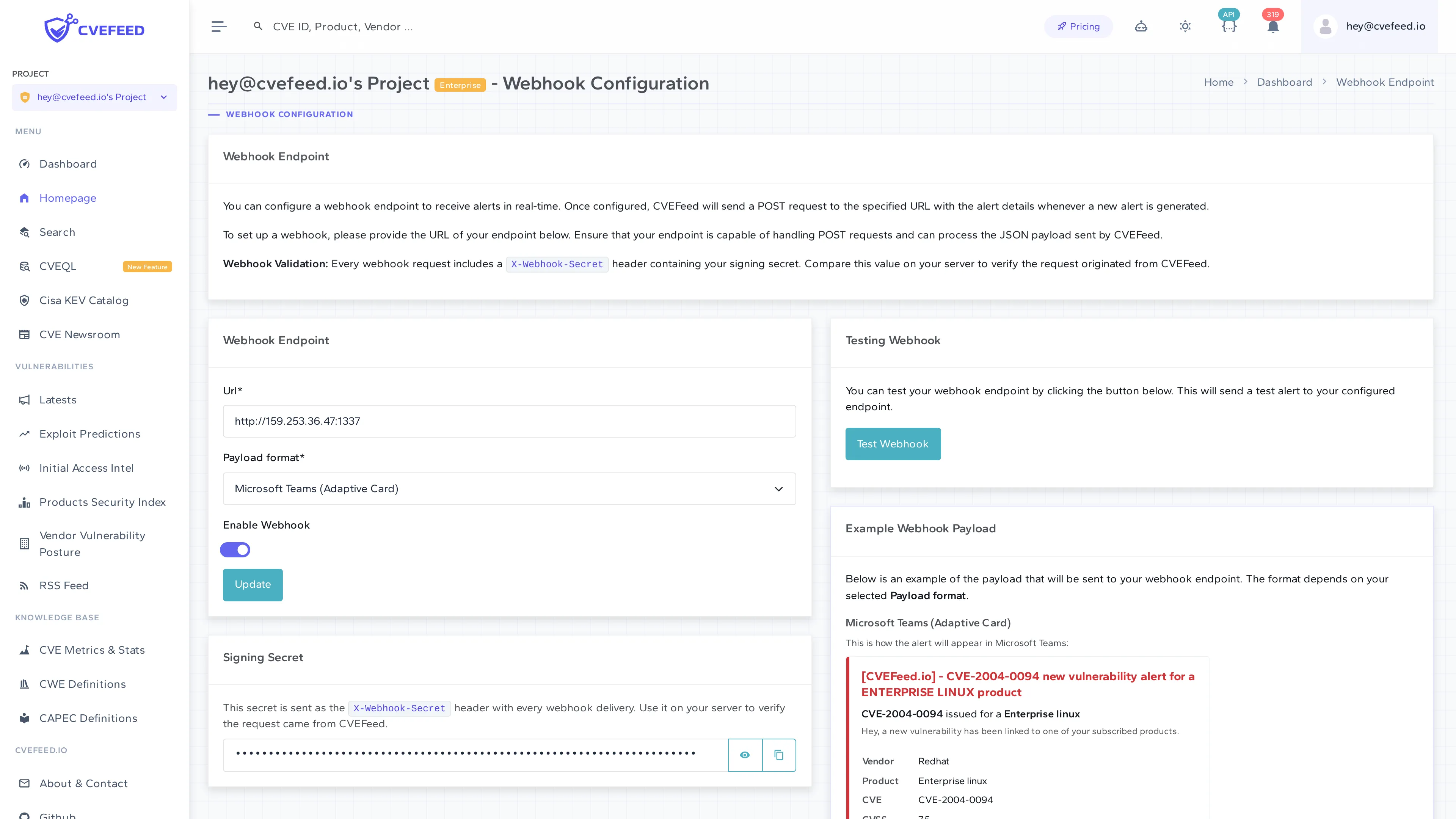 Webhook Configuration page showing URL field, payload format selector, signing secret, enable toggle, and example payload