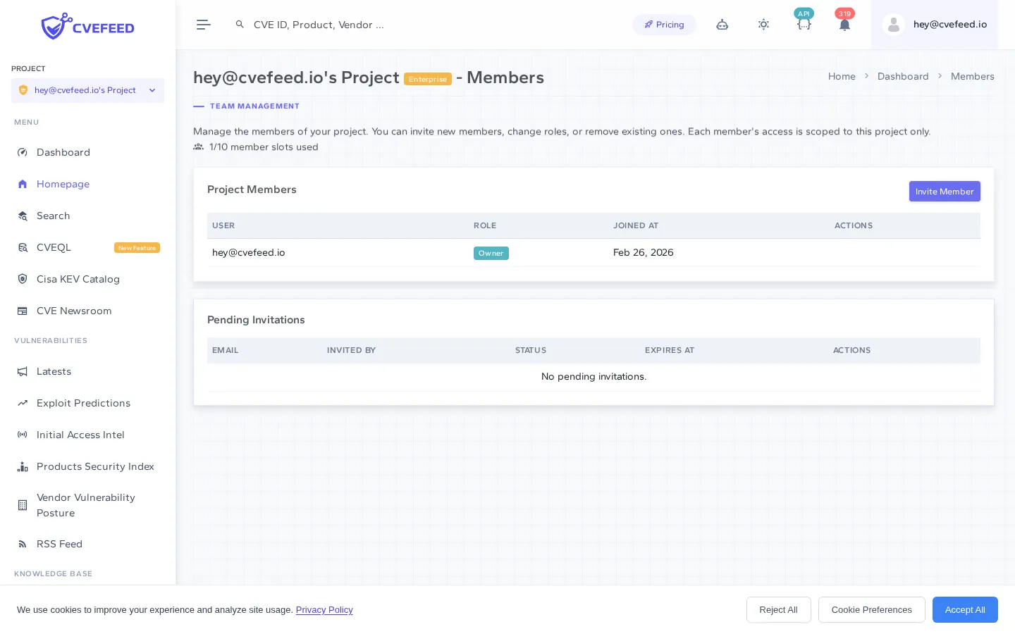Project members page showing the member list with roles and the invite button