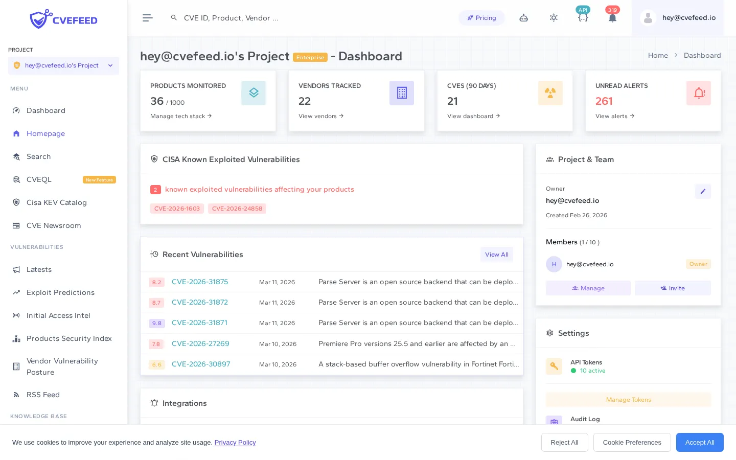 Project dashboard showing vulnerability overview, team members, and integrations