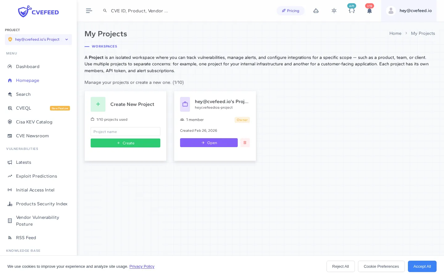 My Projects page showing the create project form and existing projects