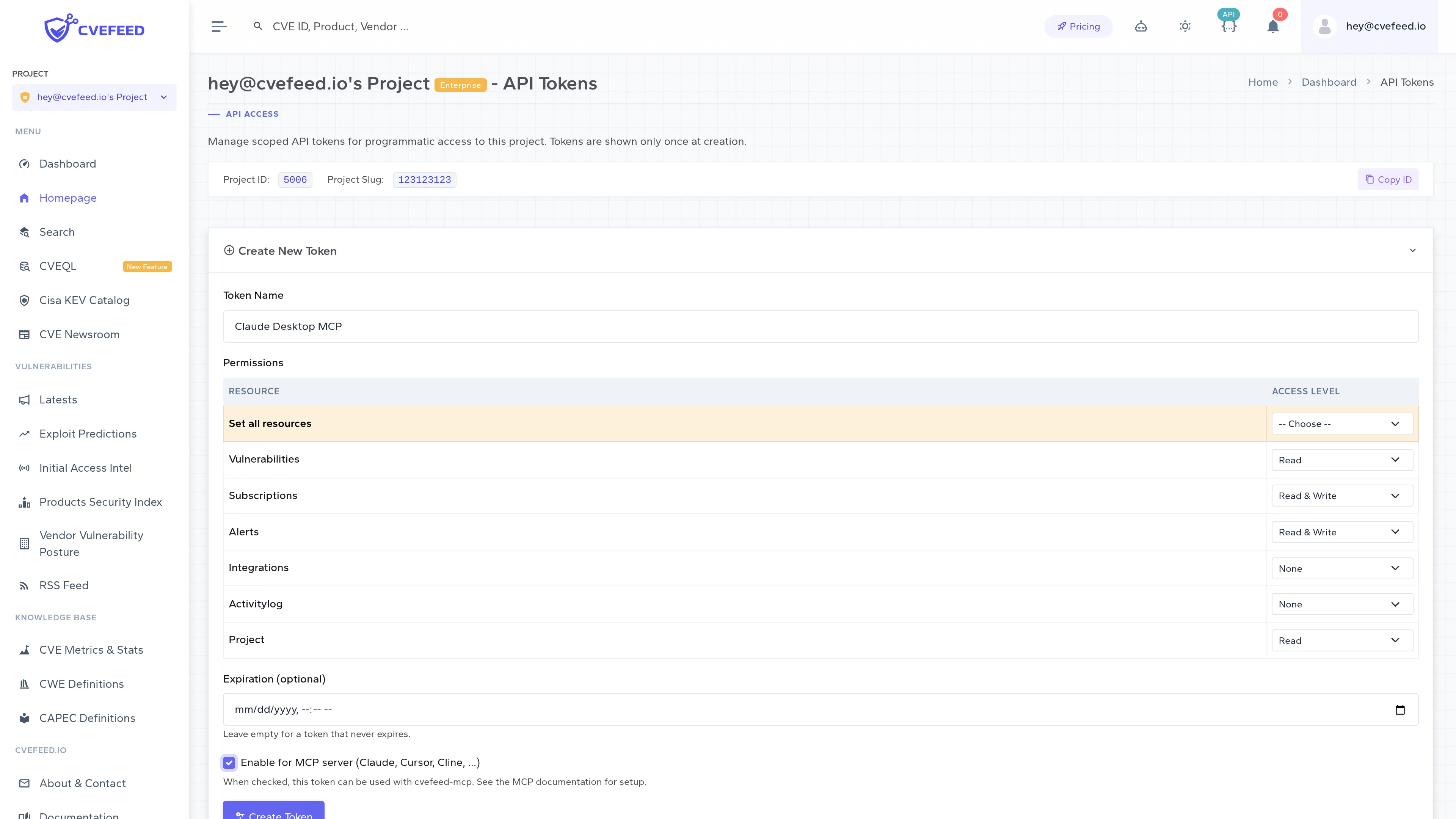 Create New Token form filled in with the name Claude Desktop MCP, per-resource permission levels selected, and the Enable for MCP server checkbox ticked