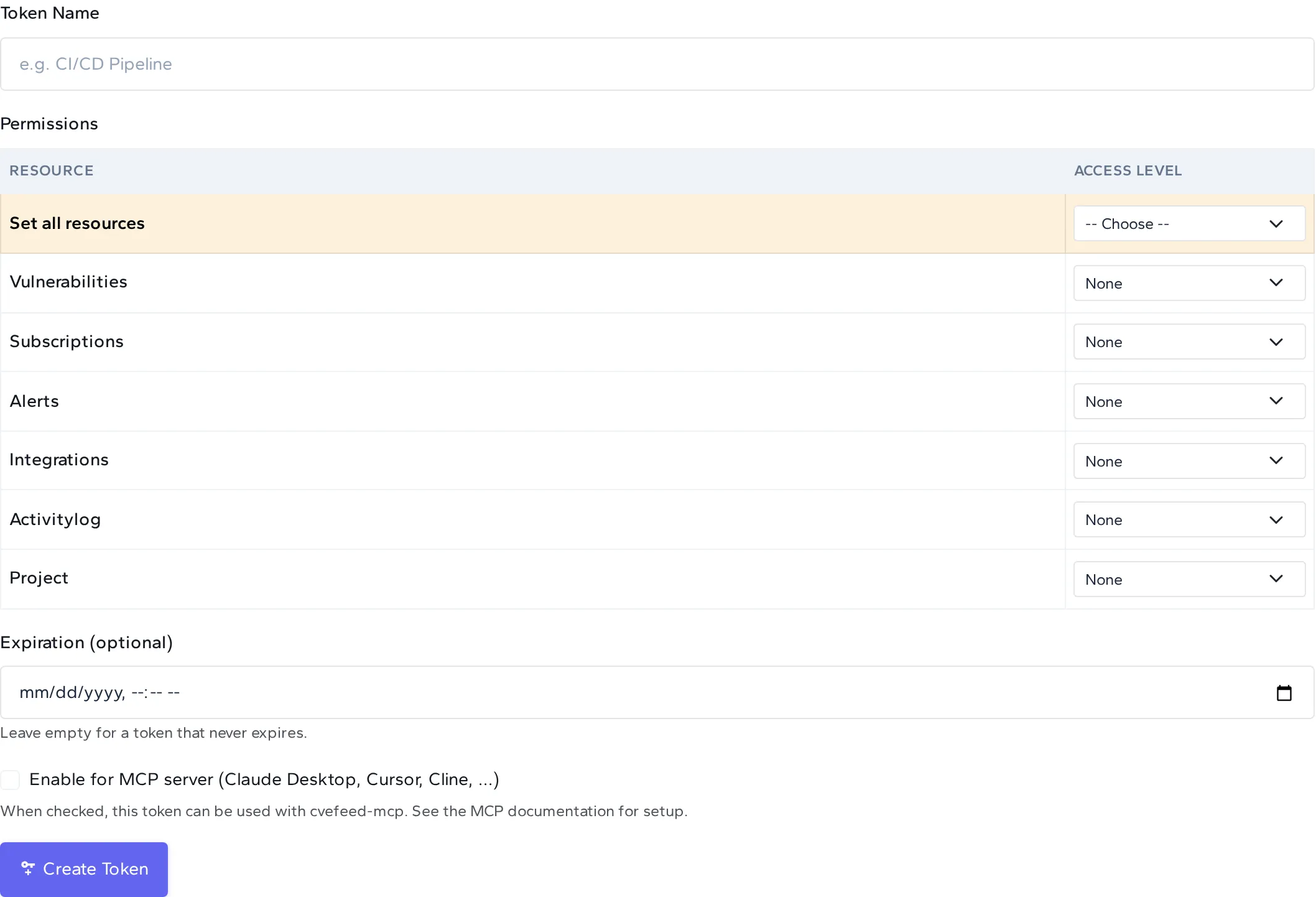Create New Token form showing name, per-resource permissions table, optional expiration, and the Enable for MCP server checkbox